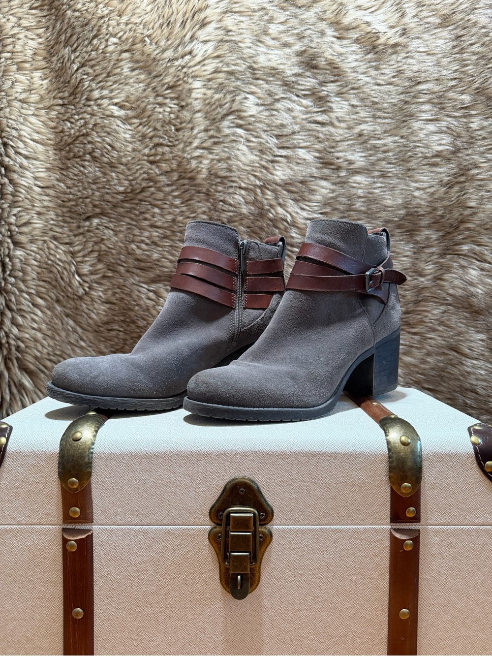Women’s Taupe Suede Ankle Boots with Brown Strap